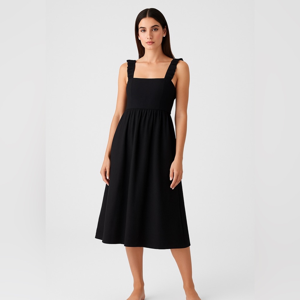 FOREVER 21 Black Linen Apron Midi Dress with Ruffled Elastic Straps